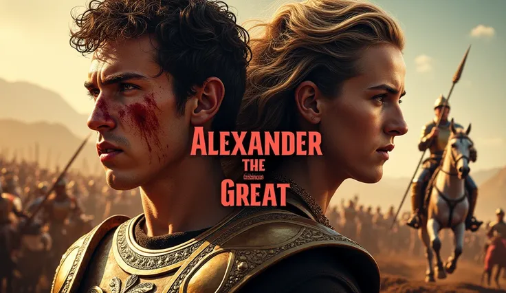 The image portrays **Alexander the Great**, with two main visuals of the iconic leader:

1. **Left Side**: A close-up of a young Alexander, wearing a bronze cuirass with intricate designs, symbolizing his role as a warrior. His face is bloodied, reflecting...