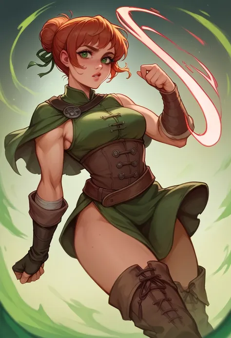 An archer with a slender and athletic build, wearing a short leather tunic that combines medieval patterns with tech elements like LEDs and solar panels. Her hair is neon green and styled in a high, messy bun. She carries an energy bow that transforms into...