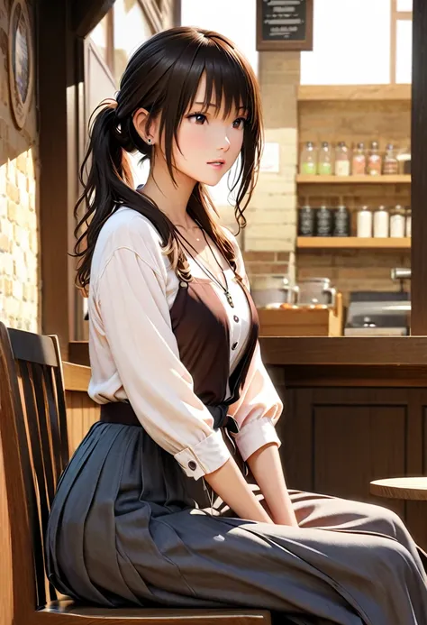 First instruction：Anime-style image of a woman sitting at a restaurant table, Realistic Anime 3D Style, Realistic anime art style, Realistic anime art style, Attractive anime girl, Mysterious Coffee Shop Girl, Anime realism style, Smooth anime CG art, Phot...