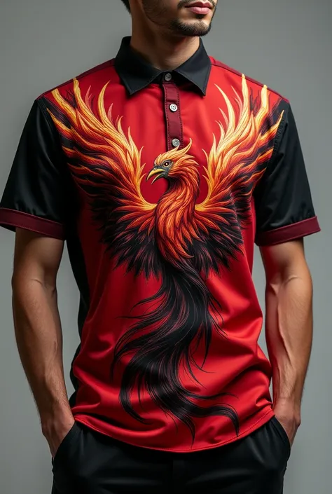 Red and black interclass shirt with a phoenix on the front side of the shirt 

