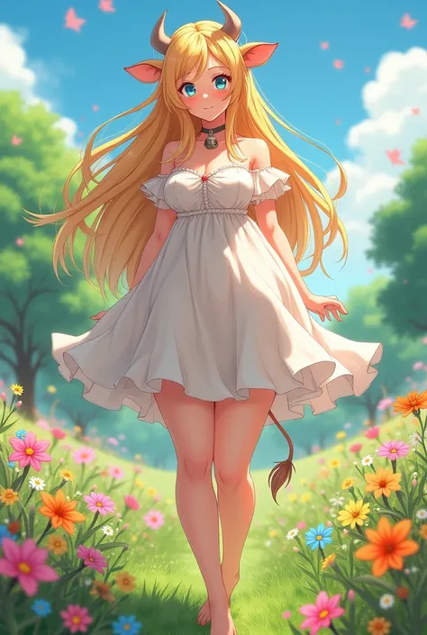 Anime cow demi-human girl. Flowy honey blond hair that reaches waist that is very soft, Sky blue eyes, very Curvy hourglass body with huge Tits, slim waise with big hips, and a large ass with thick thighs, bottom heavy with very thick and squishy thights a...