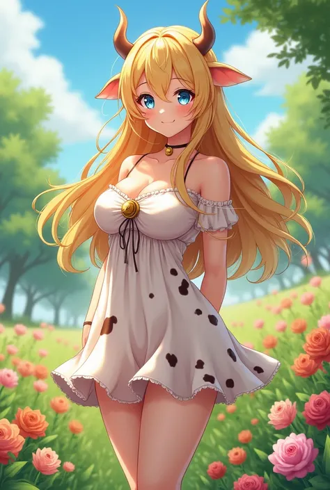 Anime cow demi-human girl. Flowy honey blond hair that reaches waist that is very soft, Sky blue eyes, very Curvy hourglass body with huge Tits, slim waise with big hips, and a large ass with thick thighs, bottom heavy with very thick and squishy thights a...