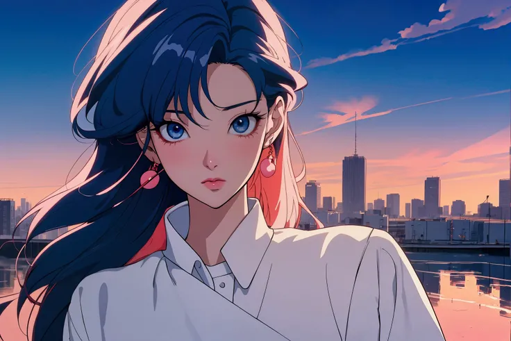 imagine prompt: Viral anime wallpaper in 4K quality, a woman retro , with detailed city in background, showing from the waist up, calmer light, with well-defined light and shadow, reflecting an 80s and 90s anime aesthetic. The girl has beautiful eyes, and ...