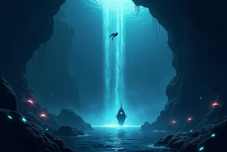 Create a YouTube thumbnail for a video titled Exploring the Hidden Depths of the Ocean. The scene should depict a mysterious underwater world, with a deep down underwater waterfall flowing into a dark abyss. Include glowing bioluminescent creatures such as...