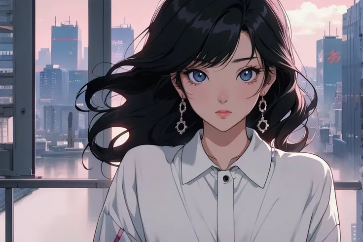 imagine prompt: Viral anime wallpaper in 4K quality, a woman black chanel hair, with blurred tokyo city in background, showing from the waist up, calmer light, with well-defined light and shadow, reflecting an 80s and 90s anime aesthetic. The girl has beau...