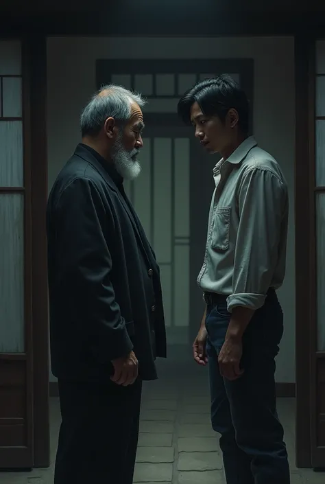 The father and son standing inside a traditional house at night. The father, with a concerned look, asks his son where he was. The son, wearing modern clothes, appears evasive, giving a false excuse. The background is dimly lit, indicating late hours.