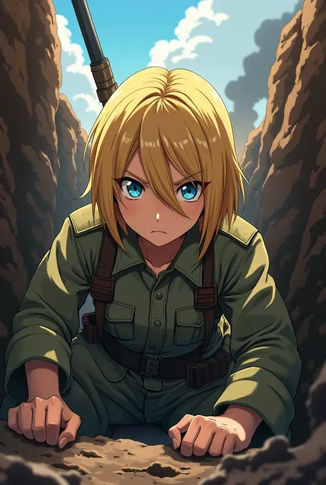 A blonde soldier lying in a trench at war in anime version