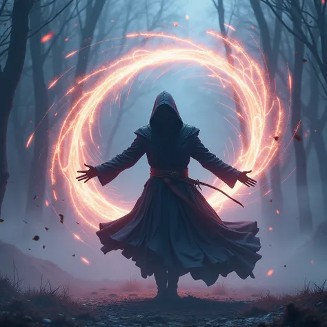 hyper realistic, fantasy, magical, spell, a hooded character who spins on himself, creating a tornado of blades and wind