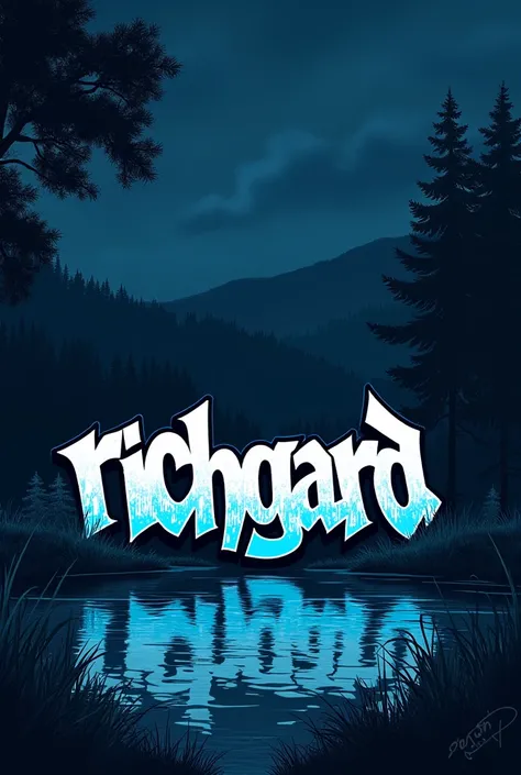 The word RICHGARD in white and blue graffiti on a lake at night