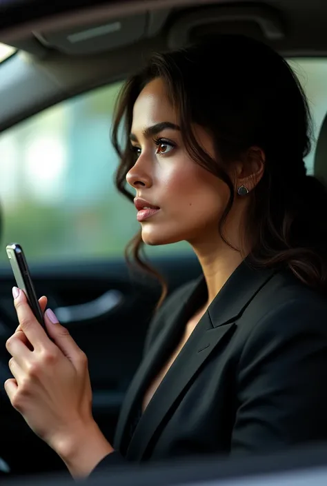 Brazilian woman with her face turned to the side, executive hair loose and deep inside the car with cell phone in hand