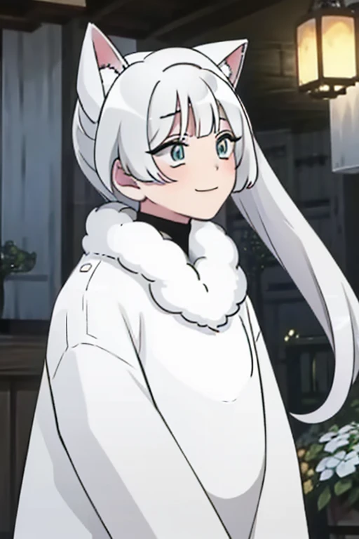 perfect face. perfect hands. a young white haired woman with green eyes with white wolf ears and a white wolf tail and an hourgl...