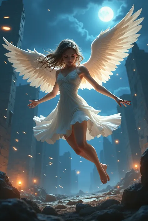 Please create a angel girl whos fighting at night