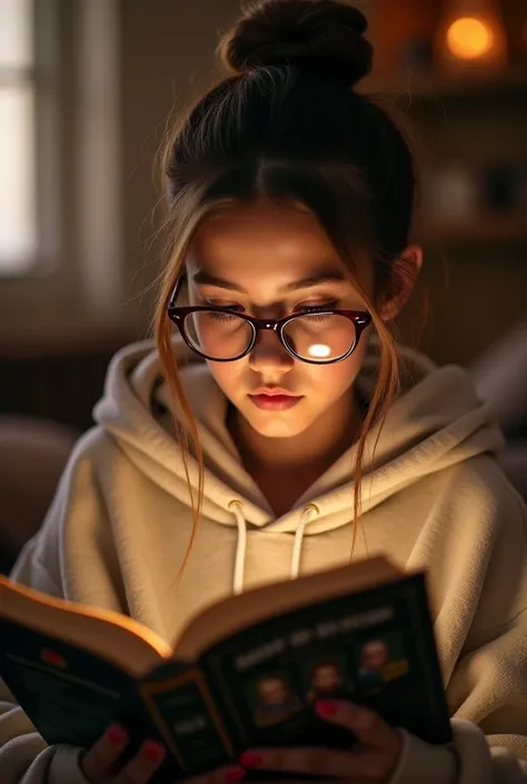 A girl with oversized hoodie and with the bun hair style with a book and glasses a real picture 

