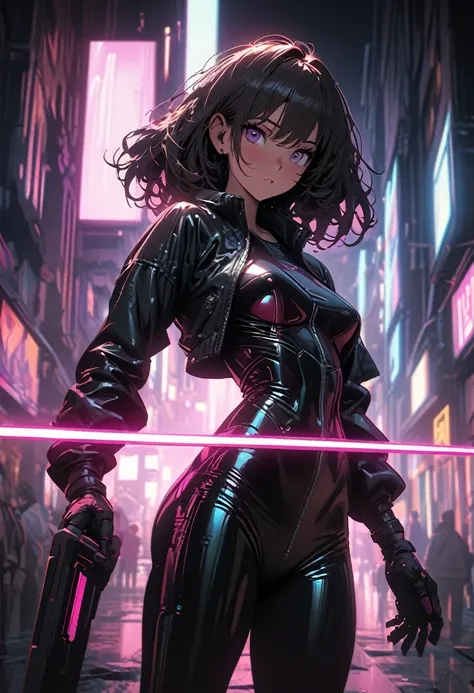 
Cyberpunk style，Girl in tight leather clothes，Wields a mechanical laser sword，Beautiful，Glowing special effects，celluloid style，Flat covering，HD，computer graphics，comics，8 K，looking at the camera，high quality，illustration，Vaporwave style，rim light，cinema ...