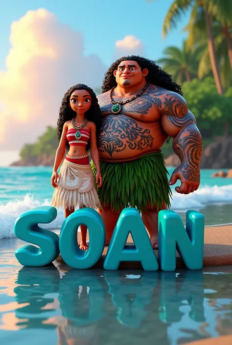 Image Vaiana and Maui with the first name Soan in 3D letters in the foreground . Sea in the background 