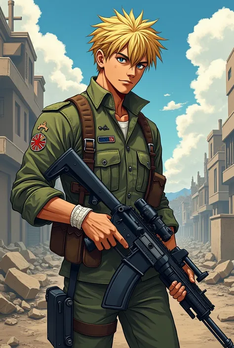 A wounded blond male soldier in the war in anime version