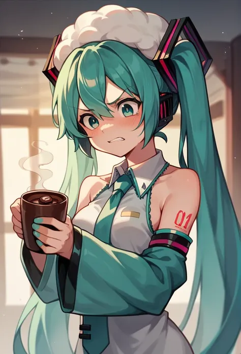 a female elf in modern, everyday clothing and a wool hat looking angry while standing in front of her little city house holding a hot cup of chocolate , super detailed, warm light, fetal position, Hatsune Miku,