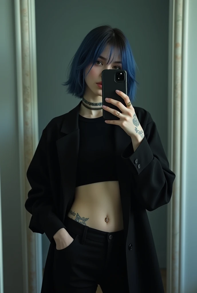 A girl with medium height around 52 with short hair dyed partially in blue with tattoos only on her left arm and a little one on neck. With a belly button piercing dressed in all black clothes taking a mirror selfie with an iphone hiding her face completel...