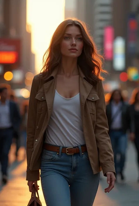 /imagine prompt: An ultra-realistic, high-resolution image of a young woman with brown hair and blue eyes, walking down a bustling street in an American city. She is captured in full-body view, with incredibly detailed hands and feet. The evening light cas...