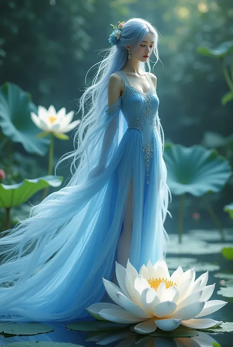 There is a blue dress, 16 long legs, one women, sitting on a rock in the water, elegantly standing on a lotus flower, ethereal beauty, wearing a blue cheongsam, COURT, Girls in Hanfu, wearing a blue cheongsam, full fairy Xia, in the pond, white hemp, a stu...