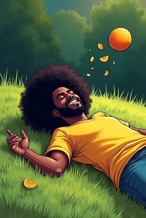 Black penis man child with afro sleeping on grass (comic style)while a fruit falls on him