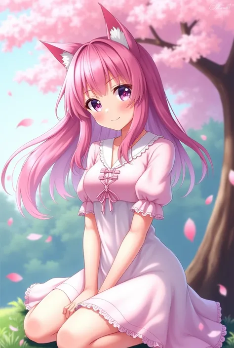 アニメ, a girl with cat ears, silky pink hair, a gentle and sweet smile, eyes with a purple to pink gradient, medium breasts, new, with a white to pink gradient, she is under a cherry tree, where the tree petals are slowly falling (highest quallity)