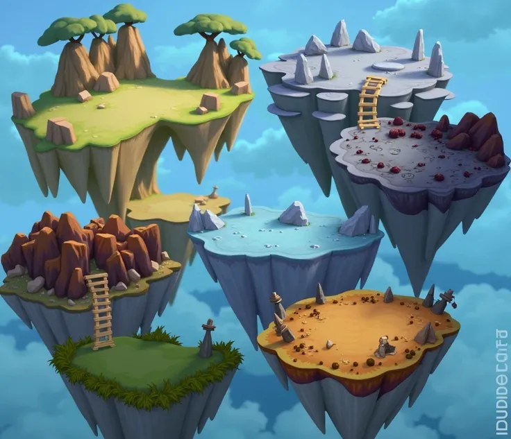 a close up of a bunch of floating islands with a ladder, flying islands, isometric island in the sky, floating and flying island, flying island, floating lands in the clouds, stylized concept art, stylized game art, floating islands, flying island in the s...