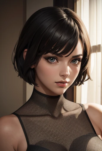 Young woman with short hair and beautiful defined face, medium bust ,NSFW image 