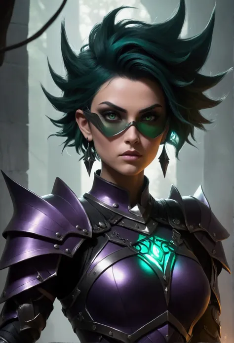 The image depicts a dynamic and fierce female character with an otherworldly appearance. She has short, spiky hair in shades of dark green and black, giving her a rebellious and mystical look. Her expression is confident and slightly sinister, with sharp e...