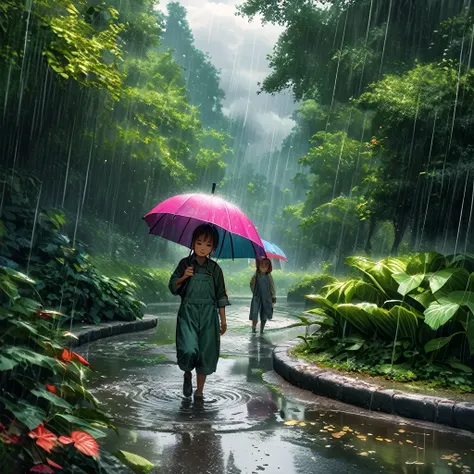 A photorealistic, cinematic masterpiece of a rainy day in a lush, green forest. The atmosphere is moody and atmospheric, with dramatic lighting illuminating the vibrant colors of the foliage. Grey clouds hang low, casting long shadows and creating a sense ...