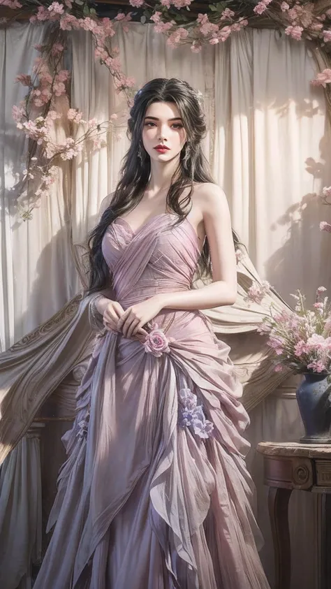 a woman with long dark black hair, wearing a blue strapless dress adorned with pink flowers and butterflies. the woman's dress i...