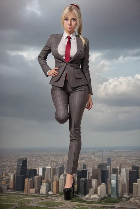 Young adult women beautiful curves a massive thighs blonde hair in a ponytail lipstick wearing a perfect perfect tailored grey pinstriped trouser suit and blazer, crisp white shirt and large broad red windsor knot tie,colossal breasts. Platform high heels ...