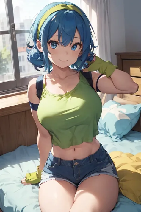 1 female, blue hair, curly hair, blue eyes, hair ribbon, hairband, huge breast, thick legs, crop top, green tank top, yellow shorts, shorts, micro shorts, fingerless gloves, looking at viewer, smile, red hairband, blue sky, home, bedroom, in the bed, sitti...