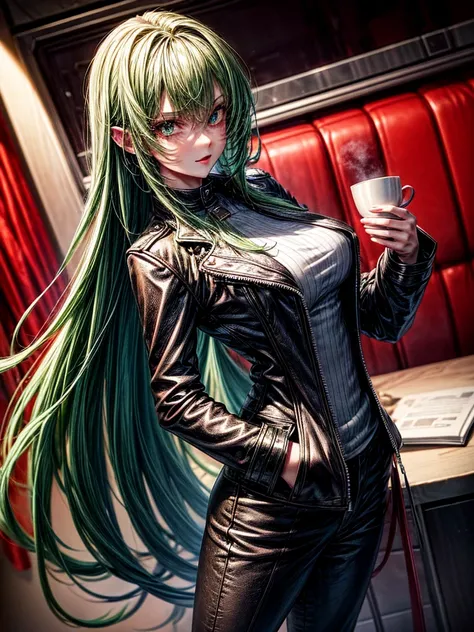 naughty man, cups, Long green hair, Eyes red, leather clothing, hand in pocket