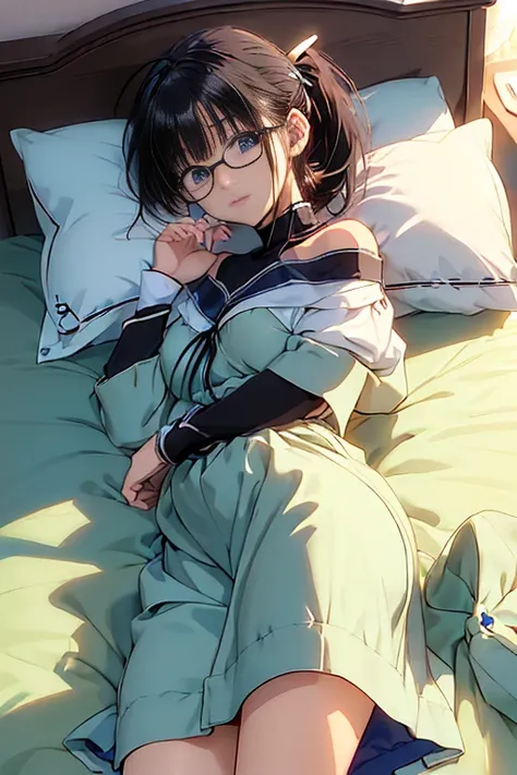 最high quality、Best image quality、masterpiece、With a girl((1、Visible crotch、Bust 70、Black-haired、Messy ponytail、blue eyes、Open your chest wide、、happiness、Black wristband on wrist、Glasses、))、Slender、(((Sleep on your back:1.4)))、bedに横たわる、high quality、Visual A...