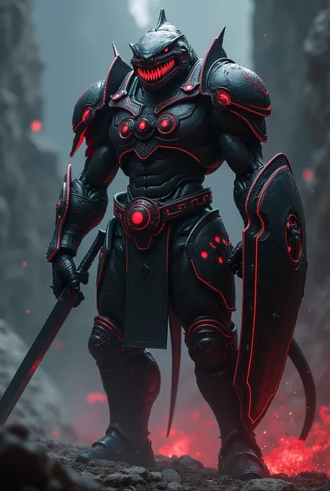 Black and neon red trimmed giant Megaladon warrior wielding an obsidian sword and shield.