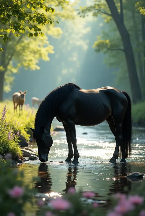 /imagine prompt: A high-resolution, ultra-realistic image of a black horse standing by a river in a sunlit forest, drinking from the water. The horse has no saddle, and the sunlight filters softly through the trees, casting dappled light on its glossy coat...