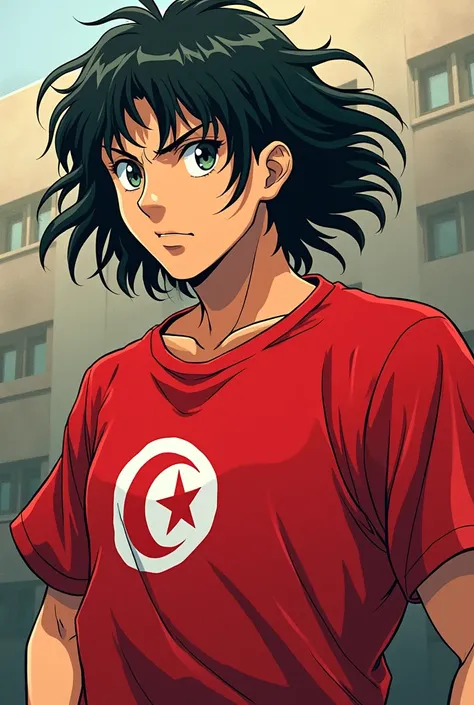 Hajime no ippo Anime has red T-shirt with Tunisian flag on , loose hair 