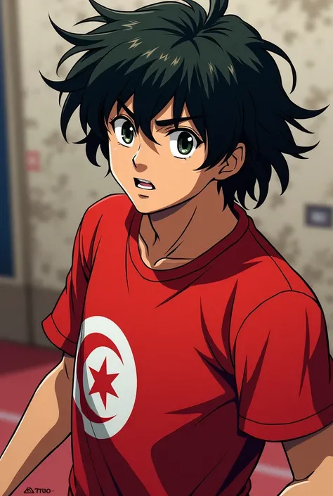 Hajime no ippo Anime has red T-shirt with Tunisian flag on , loose hair 