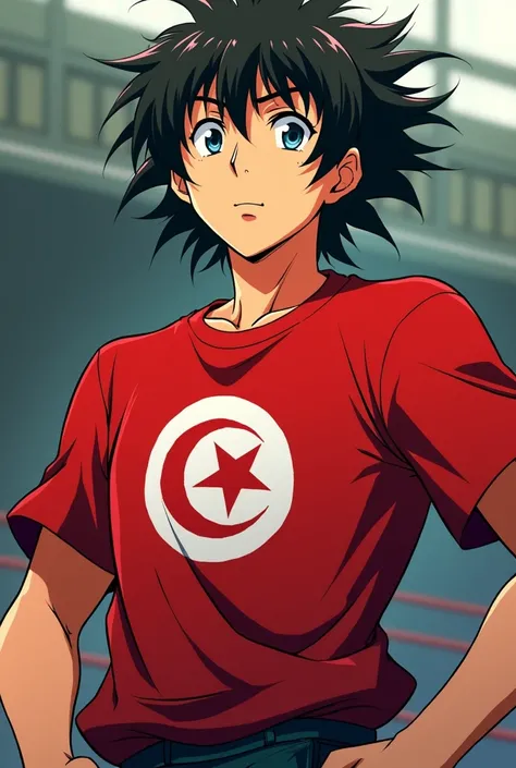 Hajime no ippo Anime has red T-shirt with Tunisian flag on , loose hair 