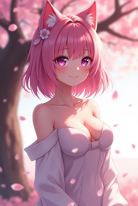 アニメ, a girl with cat ears, silky pink hair, a gentle and sweet smile, eyes with a purple to pink gradient, medium breasts, new, showing the vagina, she is under a cherry tree, where the tree petals are slowly falling (highest quallity)