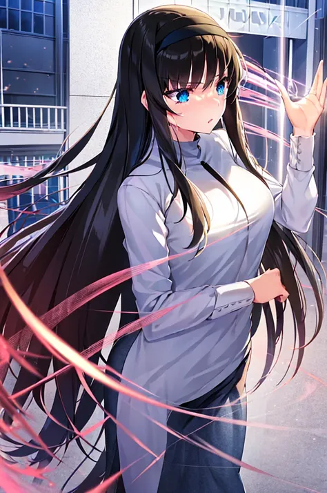 1girl, solo, touno akiha, bangs, sidelocks, black hair, long hair, black hairband, perfect shiny hair, blue eyes, ultra-detailed eyes, iridescent shiny eyes,, large breasts,  Walking, crying, ShoppingMall, frozen,, Blind ,Temptation, Blank look, empty eyes...