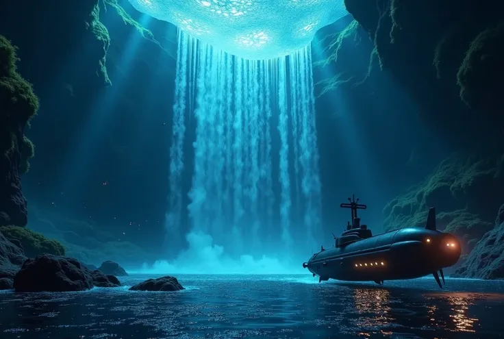 "Generate a captivating YouTube thumbnail for a video titled Exploring the Hidden Depths of the Ocean. The scene should depict a massive underwater waterfall flowing into a dark abyss, surrounded by glowing bioluminescent creatures like anglerfish and jell...