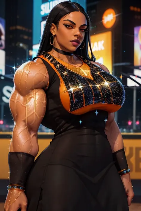 (Close-up), tall, (black hair) beautiful muscular woman, long straight hair, light brown skinned, (closed smile), large breast, (black lipstick), (massive muscles), (hyper muscle), ((ginormous bulky muscles)), orange eyes, ((((sparkly sleeveless black base...