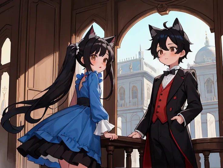 two children, a boy and a cute beautiful girl in the palace, girl with a beautiful blue dress with red details twintails black hair and brown eyes; boy in black and white butler outfit, blackquality hair, cat ears and brown eyes, happy girl and shy boy