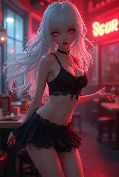 schoolgirl, with red eyes and white hair dancing near the shista striptease in a mini skirt and a top black panties are visible from under the skirt 