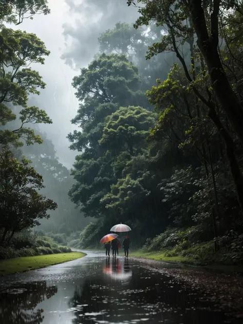 A photorealistic, cinematic masterpiece of a rainy day in a lush, green forest. The atmosphere is moody and atmospheric, with dramatic lighting illuminating the vibrant colors of the foliage. Grey clouds hang low, casting long shadows and creating a sense ...