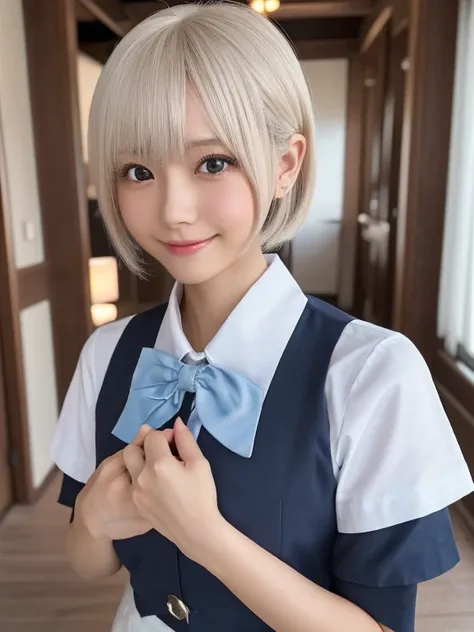 NSFW,Correct human anatomy,A young beautiful Japanese girl with short platinum silver hair,(足を開いてヴァギナを見せた:2.0),large clear eyes,droppy eyes,a balanced gaze,and a sweet smile,(wearing a detailed stewardess uniform:1.25),highly detailed and realistic,8k,ultr...