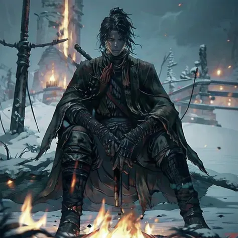 1man, only, elden ring, meditating with a torch, sitting by the fire, transmitted by blood, dark souls, (((sekiro shadows die tw...