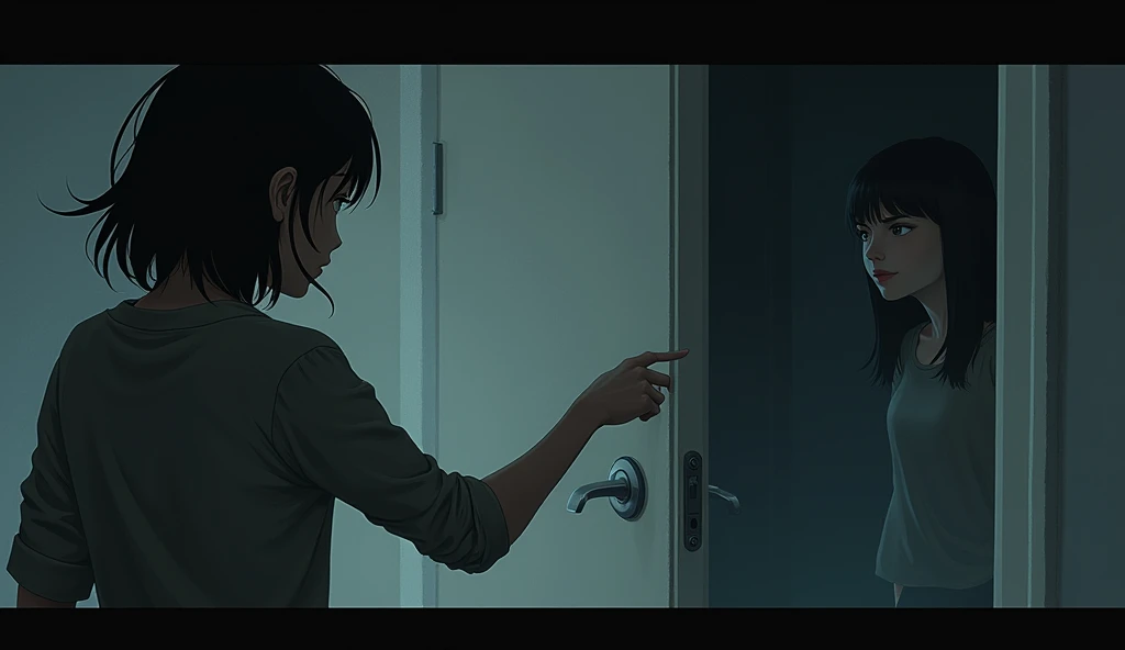 Dinda pointed towards the locked bedroom door with an innocent expression., while a faint shadow of a woman appeared in the corner of Lia&#39;s eyes